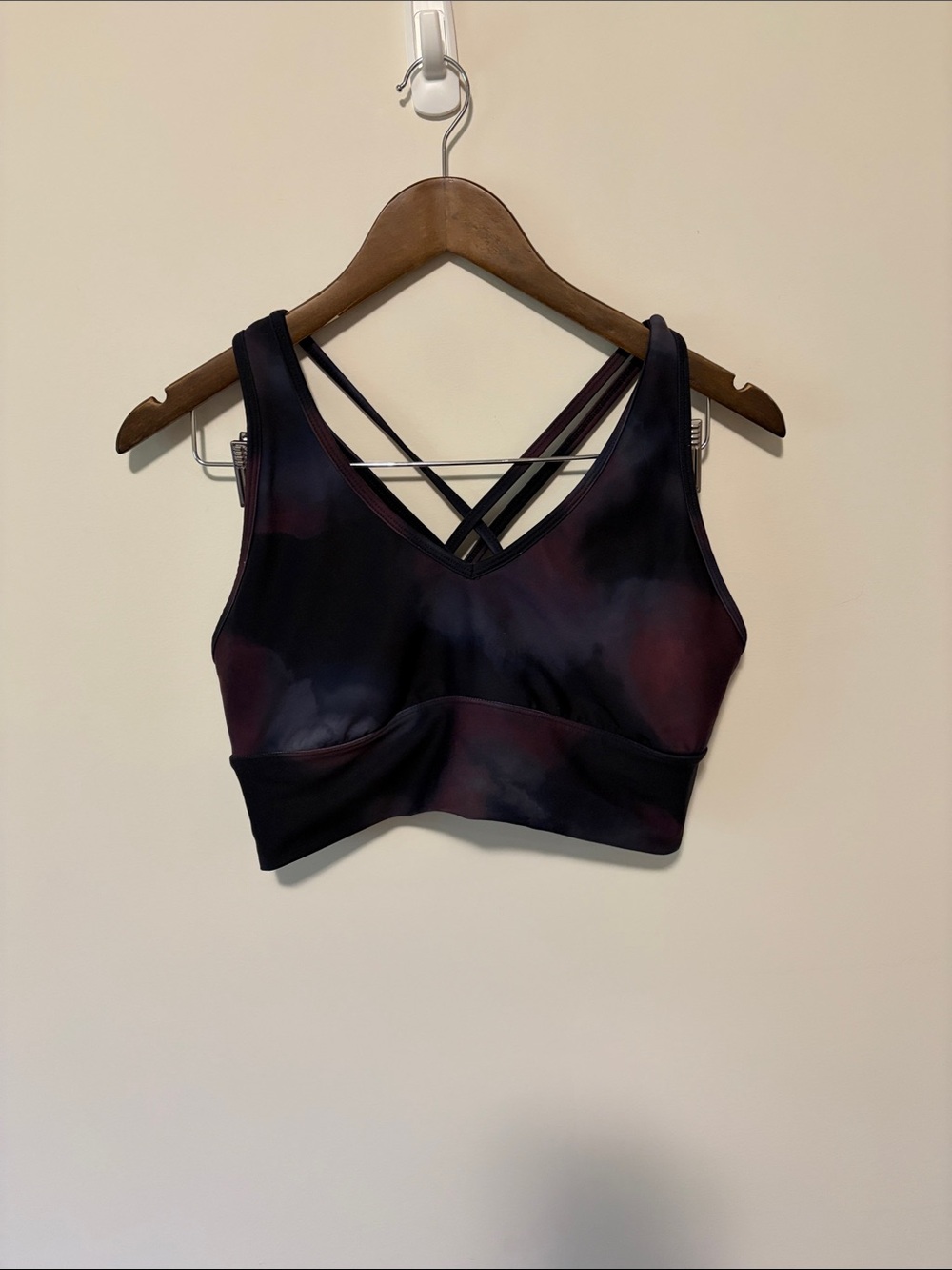 V-Neck Strappy Sports Bra in Black with Plum Wash